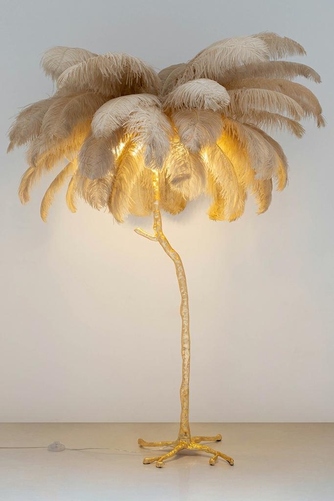 Lampa podłogowa TIFFANY 175 beżowa mosiądz / naturalne pióra