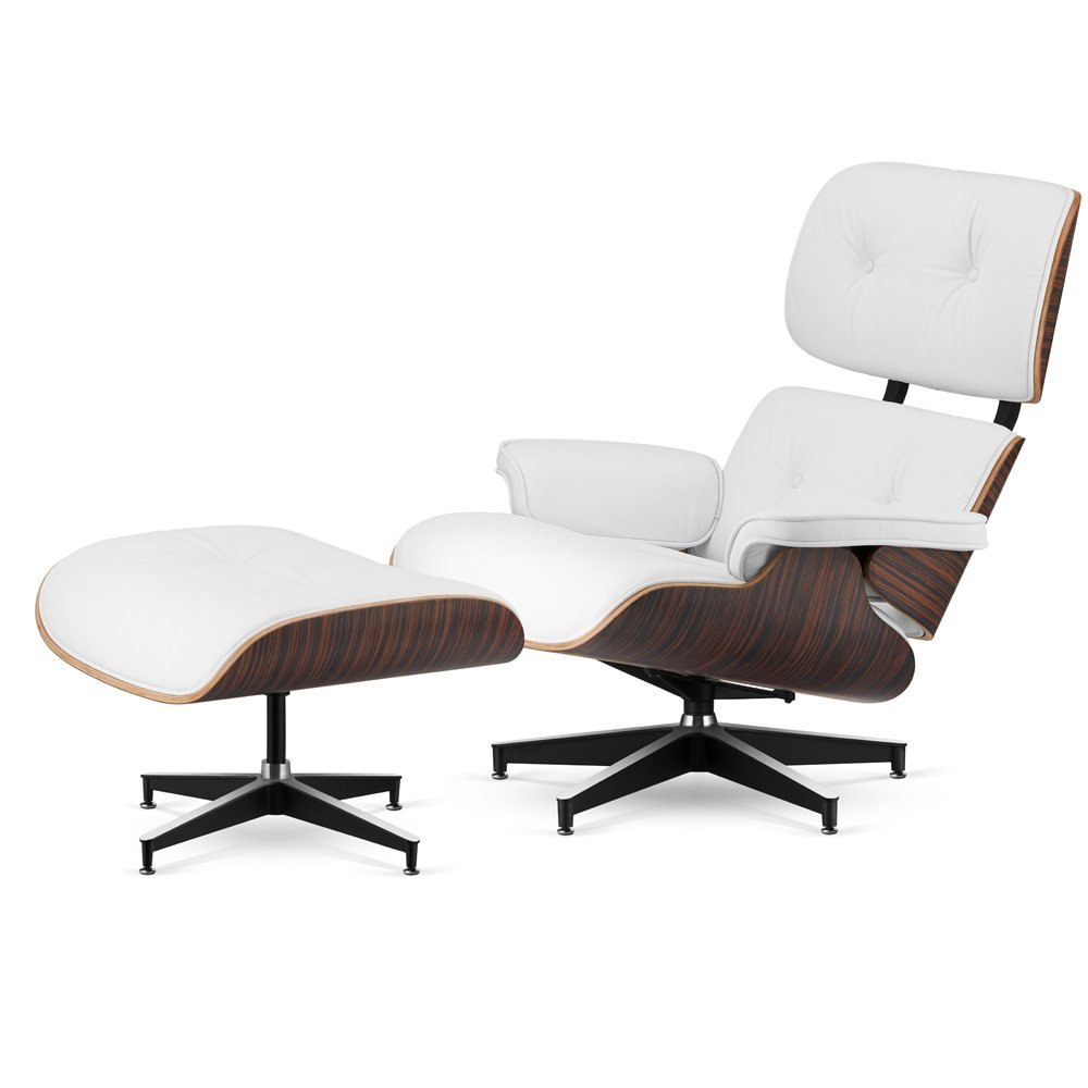 Fotel Lucera XL z podnóżkiem insp. Lounge Chair Biała Skóra Zebrano Czarny