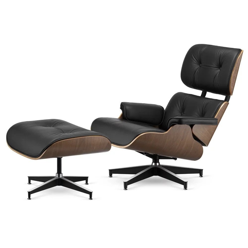 Fotel Lucera XL z podnóżkiem insp. Lounge Chair Czarna Skóra Jasny orzech Czarny