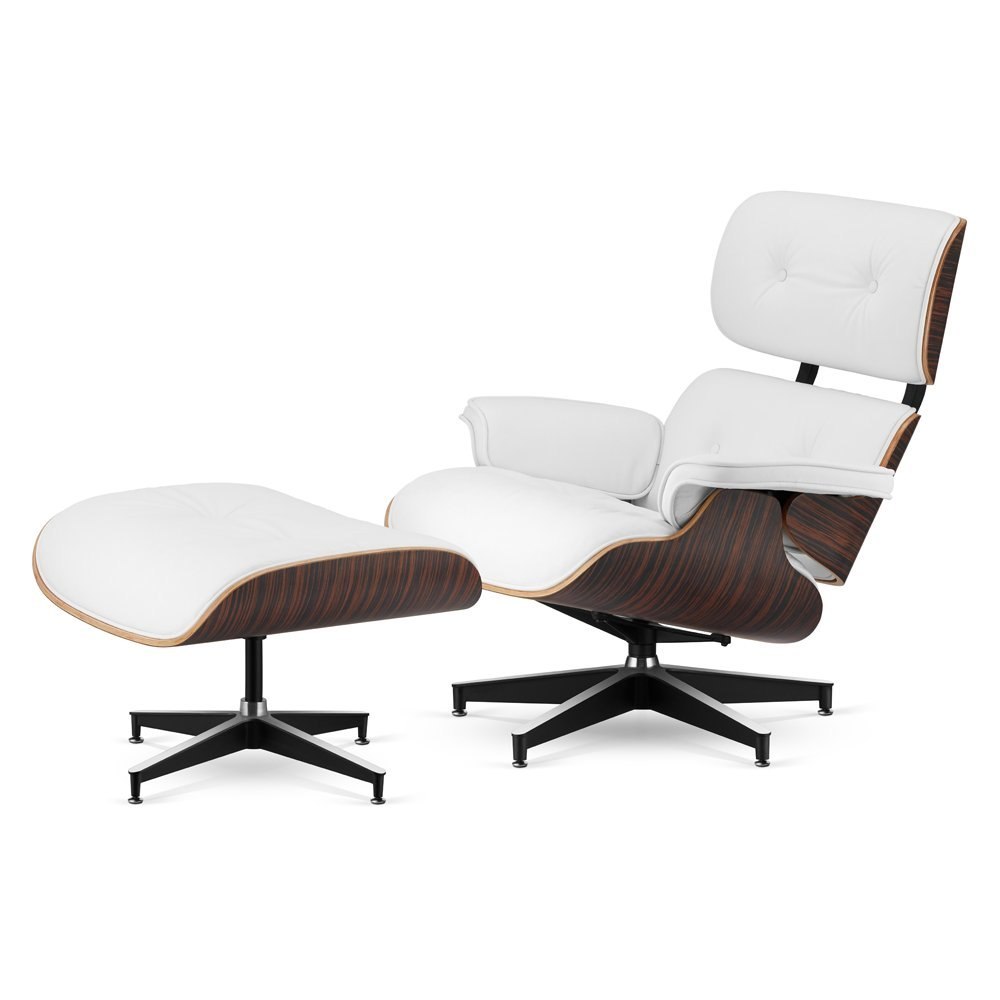 Fotel Lucera z podnóżkiem insp. Lounge Chair Biała Skóra Zebrano Czarna-z-chromowanymi-grzbietami