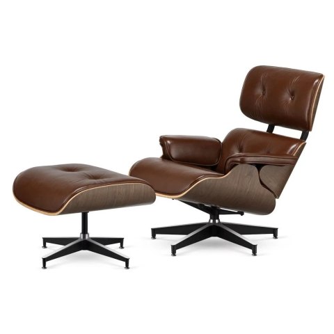 Fotel Lucera z podnóżkiem insp. Lounge Chair Brązowa Skóra Jasny orzech Czarna-z-chromowanymi-grzbietami