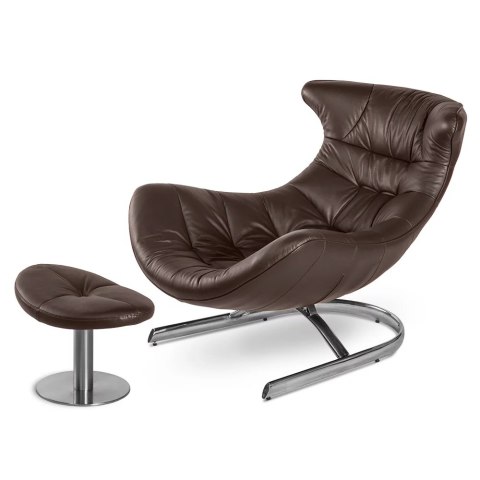 Fotel Storto z podnóżkiem wygodny wypoczynkowy do salonu styl nowoczesny Brązowy Srebrna Skóra naturalna