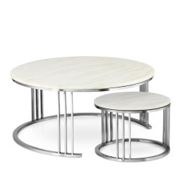 Goldwell zestaw okrągłych stolików kawowych marmur styl glamour Biały Chrom 70cm + 45cm