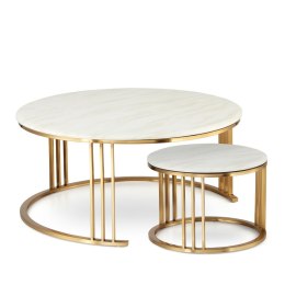 Goldwell zestaw okrągłych stolików kawowych marmur styl glamour Biały Złoty 70cm + 45cm