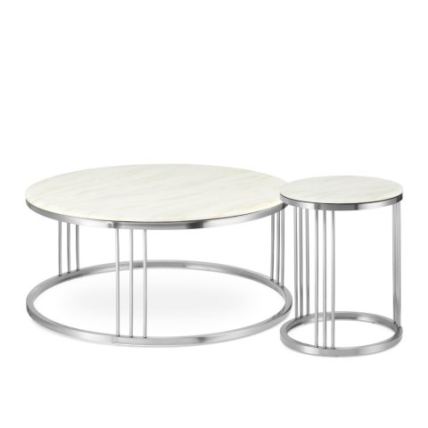Vivien zestaw okrągłych stolików kawowych marmur styl glamour Biały Chrom