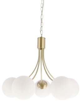 Lampa wisząca Dani 5x40W E14 mosiądz, biały klosz, elegancka oprawa sufitowa do salonu, styl klasyczny i nowoczesny, pięć punktó