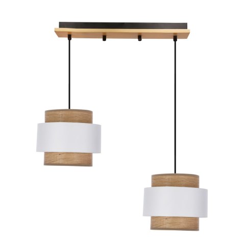 Lampa wisząca Forni 2xE27 40W czarna z drewnem, abażury biały i orzechowy do salonu, kuchni, jadalni