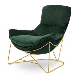 Fotel premium Berco XZ velvet butelkowa zieleń ze złotą podstawą - dekoracyjny mebel do salonu w stylu skandynawskim