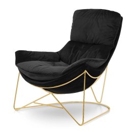Stylowy fotel do relaksu Berco XZ - czarny velvet, złota podstawa i przytulny komfort w nowoczesnym wydaniu