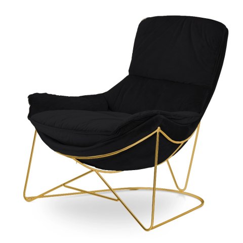 Designerski fotel relaksacyjny Berco XZ, miękki czarny velvet YA2313-20, złota podstawa, komfort i elegancja do salonu