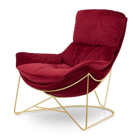 Designerski fotel Berco XZ velvet czerwony - luksusowy fotel wypoczynkowy na złotej podstawie do wnętrz glamour