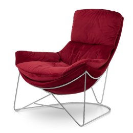Fotel wypoczynkowy Berco XZ, czerwony velvet 5187-37, srebrna podstawa, designerski fotel do salonu