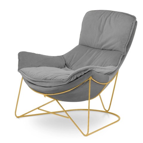 Fotel wypoczynkowy Berco premium do nowoczesnego salonu, jasnoszary velvet SWAN-12, złota podstawa, styl glamour i skandynawski
