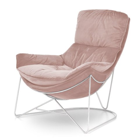 Fotel wypoczynkowy Berco XZ velvet w pudrowym różu - miękki styl glamour, elegancja modern, srebrna podstawa i komfort relaksu
