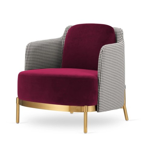 Stylowy fotel wypoczynkowy Empoli glamour bordowy velvet - pepitka, złota podstawa