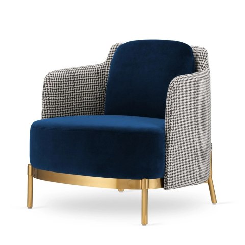 Stylowy fotel wypoczynkowy Empoli glamour ciemnogranatowy velvet - pepitka, złota podstawa