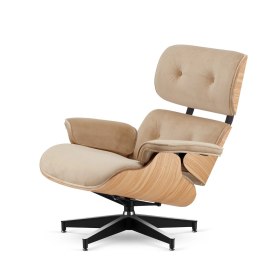 Fotel Lucera insp. Lounge Chair Velvet Beżowy (SWAN-01) Jasny dąb Czarna z chromowanymi grzbietami