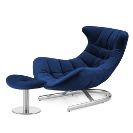 Fotel wypoczynkowy Storto z podnóżkiem - granatowy velvet, komfort i design do salonu, srebrna podstawa