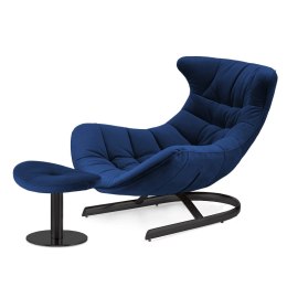 Designerski fotel Storto z podnóżkiem - granatowy velvet XZ, luksusowy i wygodny do salonu, czarna podstawa