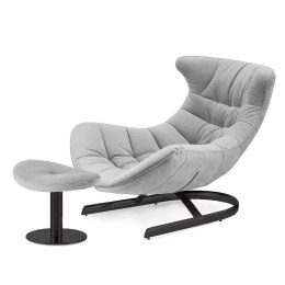 Fotel wypoczynkowy Storto z podnóżkiem - jasnoszary velvet XZ, elegancki do salonu, czarna metalowa podstawa