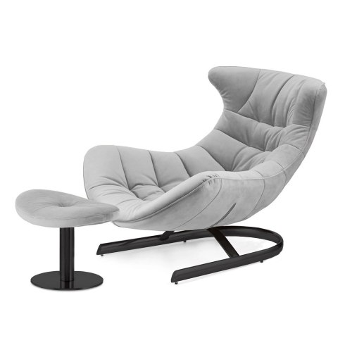 Fotel wypoczynkowy Storto z podnóżkiem - jasnoszary velvet XZ, elegancki do salonu, czarna metalowa podstawa