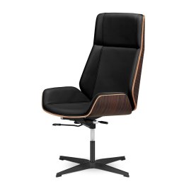 Fotel biurowy Timo High ergonomiczny komfort gabinetowy czarna skóra naturalna, fornir ebony, czarna podstawa stała