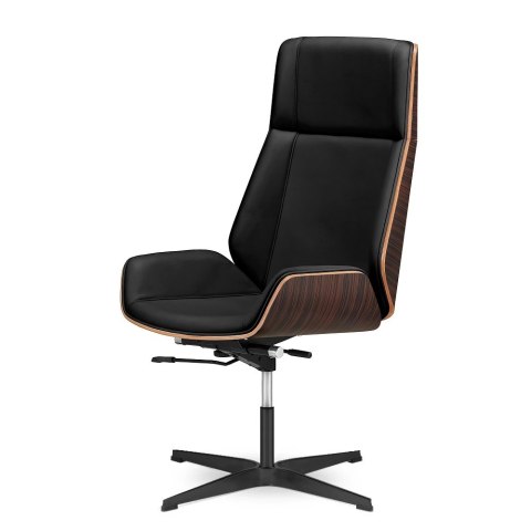 Fotel biurowy Timo High ergonomiczny komfort gabinetowy czarna skóra naturalna, fornir ebony, czarna podstawa stała