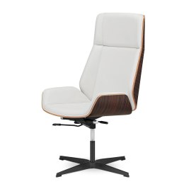 Stylowy Timo High fotel gabinetowy - biała skóra ekologiczna, fornir Ebony, czarna podstawa stała, prestiżowy design