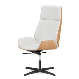 Elegancki fotel biurowy Timo High - biała skóra ekologiczna, fornir jasny dąb, czarna podstawa stała, ergonomiczny i nowoczesny