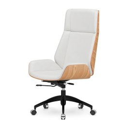 Fotel biurowy Timo High biała skóra ekologiczna, fornir jasny dąb, obrotowy na kółkach - elegancki design
