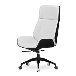 Ergonomiczny fotel gabinetowy Timo High biała skóra naturalna, fornir czarny dąb na kółkach - luksusowy komfort pracy