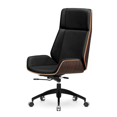 Nowoczesny fotel biurowy Timo High czarna skóra naturalna, fornir Ebony, czarna podstawa na kółkach - elegancja premium