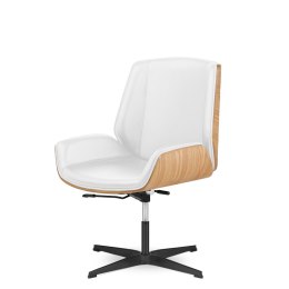 Elegancki fotel biurowy Timo Low biała skóra naturalna, fornir jasny dąb, czarna obrotowa podstawa premium office