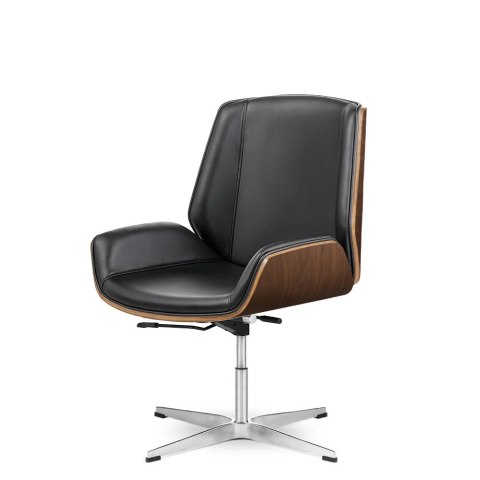 Fotel obrotowy Timo Low czarna skóra naturalna, fornir ciemny orzech, chromowana podstawa premium - nowoczesny design