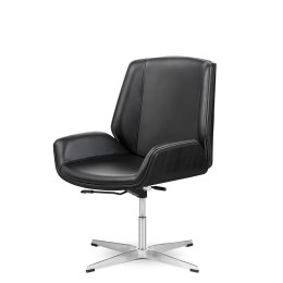 Designerski fotel biurowy Timo Low, czarna skóra naturalna, czarny dąb, chromowana stała podstawa - nowoczesny model do pracy i 
