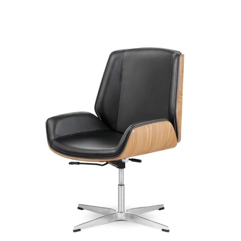Fotel biurowy Timo Low czarna skóra naturalna, fornir jasny dąb, chromowana podstawa - design premium