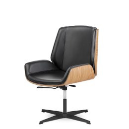 Luksusowy fotel biurowy Timo Low czarna skóra naturalna, fornir jasny dąb, czarna obrotowa podstawa designerski premium