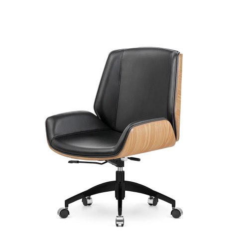 Fotel Timo Low - czarna ekoskóra, ergonomiczna czarna podstawa, Jasny dąb, idealny do pracy