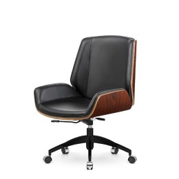 Komfortowy fotel Timo Low - czarna skóra naturalna, fornir Brazylijski palisander, nowoczesny design do biura