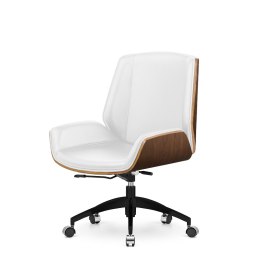 Luksusowy fotel biurowy Timo Low biała skóra ekologiczna, ciemny orzech, czarna jezdna podstawa - ergonomiczny fotel obrotowy pr