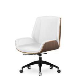 Fotel biurowy Timo Low - biała skóra naturalna, fornir Jasny orzech, czarna obrotowa podstawa, elegancja i ergonomia
