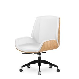 Stylowy fotel biurowy Timo Low - biała skóra naturalna, fornir Jasny dąb, czarna obrotowa podstawa, elegancja i ergonomia