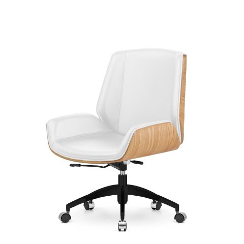 Stylowy fotel biurowy Timo Low - biała skóra naturalna, fornir Jasny dąb, czarna obrotowa podstawa, elegancja i ergonomia