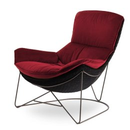 Berco fotel salonowy velvet czerwony przód / czarny tył, metalowy stelaż, elegancki fotel wypoczynkowy w stylu skandynawskim