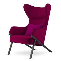 Fotel do salonu Classy glamour uszak, bordowy velvet, poducha fioletowa błyszcząca, elegancka czarna podstawa