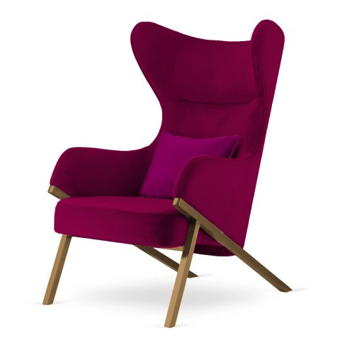 Fotel Classy bordowy wygodny uszak glamour z mosiężną podstawą i fioletową aksamitną poduszką