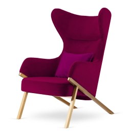 Fotel Classy premium bordowy glamour uszak z fioletową dekoracyjną poduszką na ekskluzywnej złotej podstawie