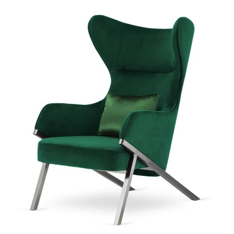 Elegancki fotel Classy - butelkowy aksamit z dekoracyjną poduszką i designerską srebrną podstawą