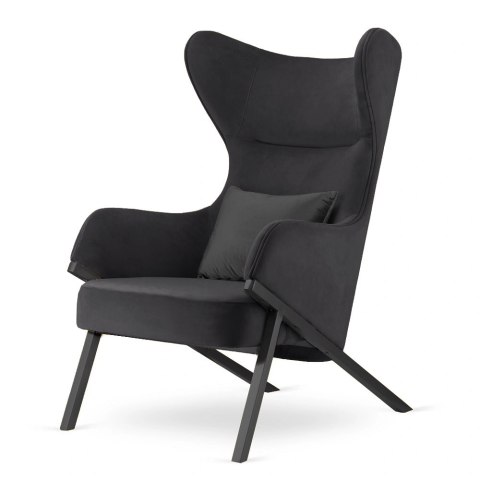 Elegancki fotel Classy ciemnoszary glamour - komfortowy uszak z czarną podstawą i czarną błyszczącą poduszką