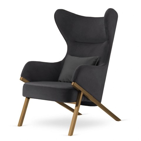 Designerski fotel Classy ciemnoszary glamour - wygodny uszak do salonu, mosiężna podstawa, czarna poduszka dekoracyjna